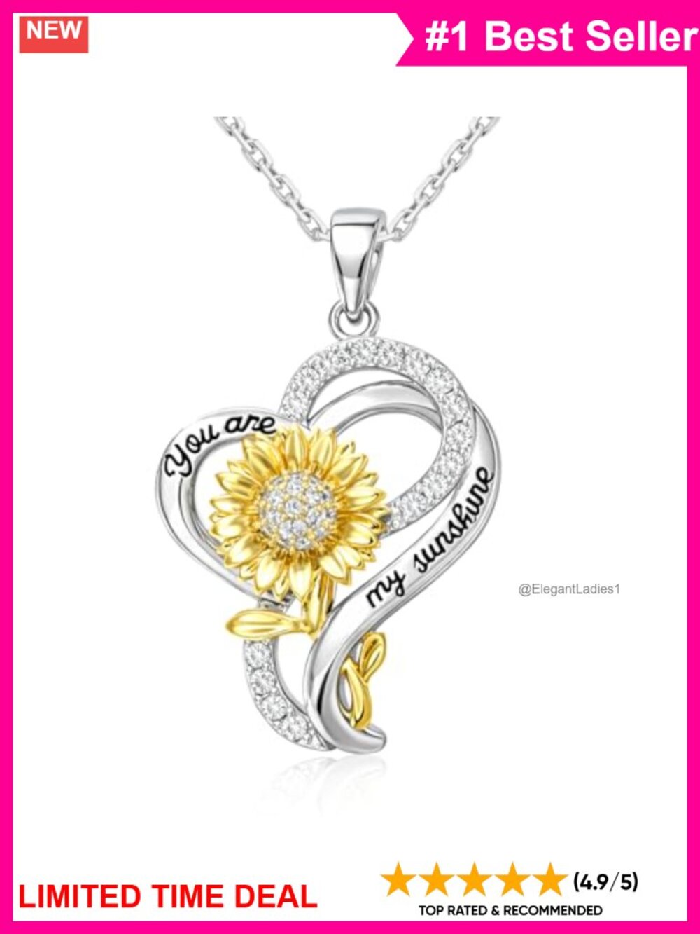 925 Sterling Silver Sunflower Heart Necklace Cubic Zirconia Pendant Gift